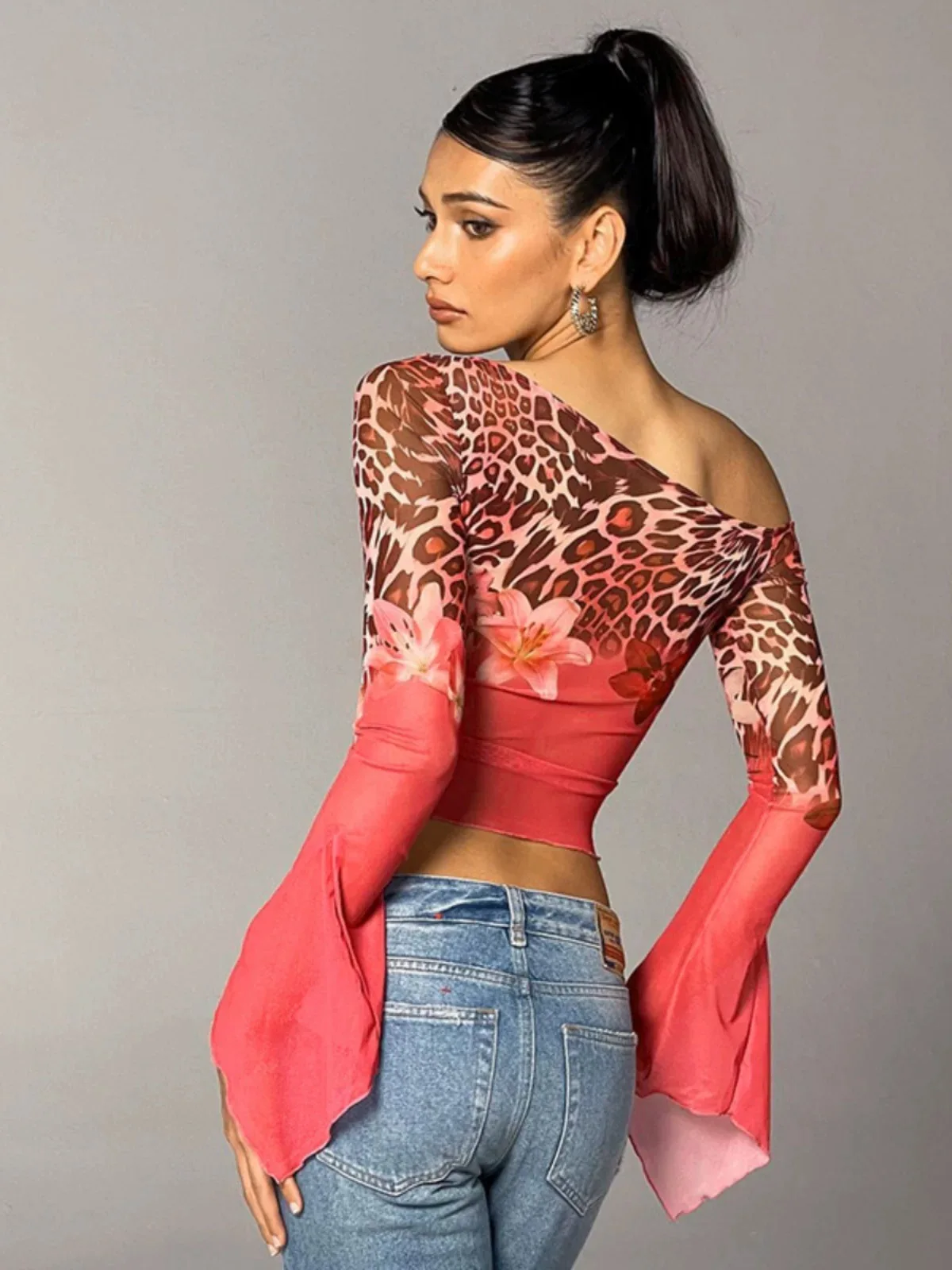 Leopard Long Flare Sleeve Thin Mesh Tops  Blouse Women Skew Neck Tie Trendy Autumn Blouse Ins Chic  Tees Blouse Sexy Daily Wear