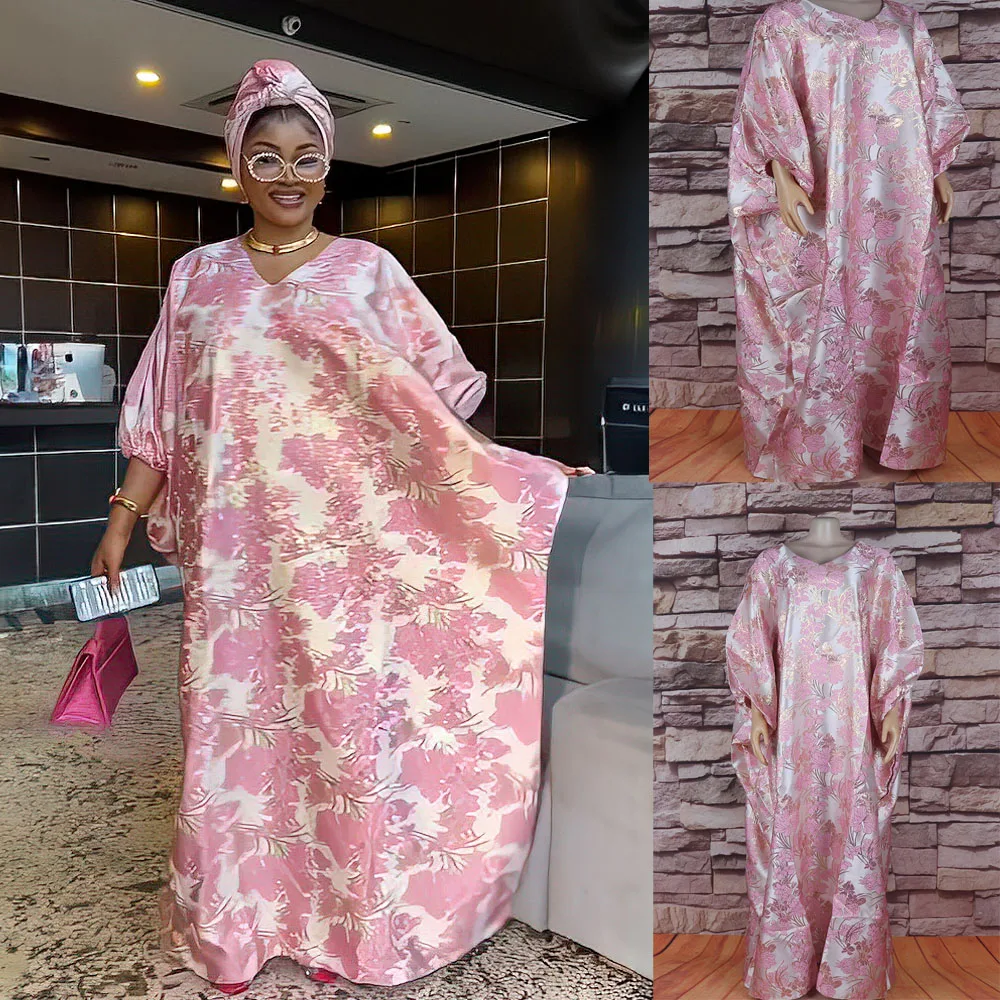 

African Women Bat Sleeve Dress with Hijab Pink Dashiki Loose Boubou Robe Muslim Dresses Marocain Kaftan Dubai Abaya Eid Djellaba