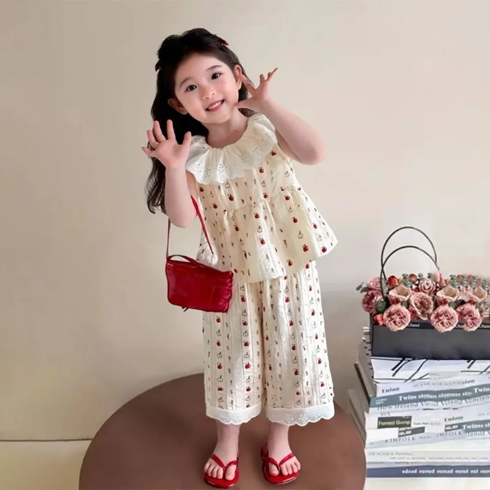 Korean Style With Floral Print Tops and Pants 2 Piece Set Thin Sleeveless Girls Clothes Sets Casual Lace Collar Outfit Princess