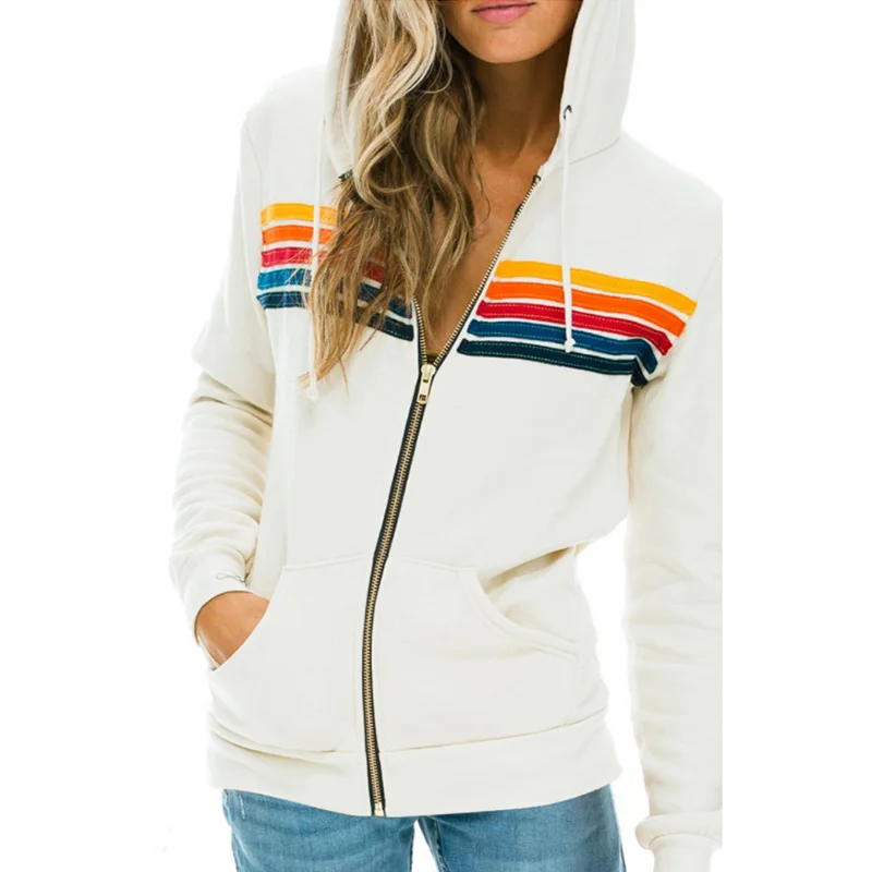 Donsignet Women Hoodies Coat 2021 New Casual Rainbow Hooded Sweatshirts Fashion Zip-up Striped Cardigan Men Hoodies