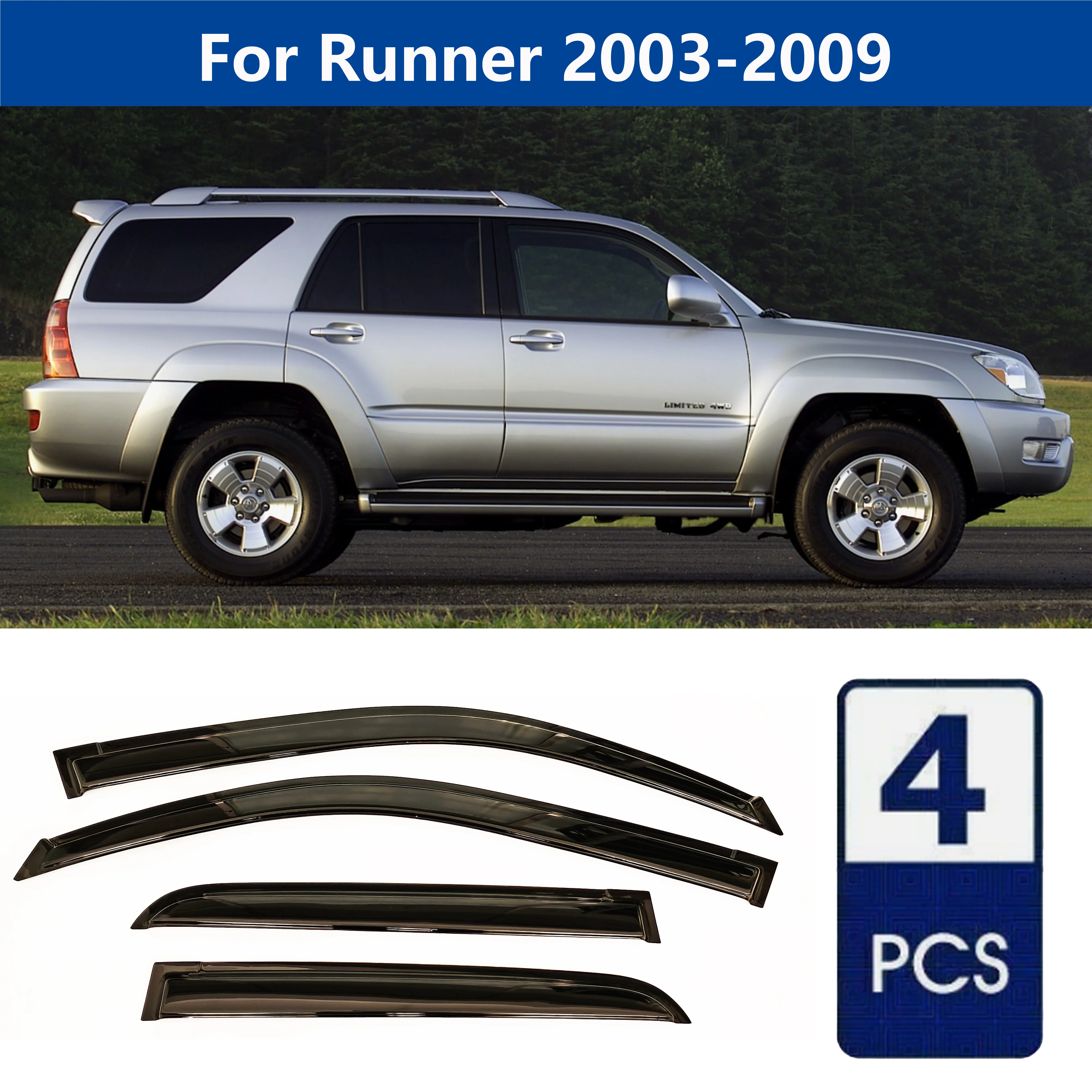 4Pcs 1.8mm Car Window Visors for Toyota 4runner 2003-2009 Side Window Rain Guards Sun Wind Deflectors, Black Vent Visors Weather