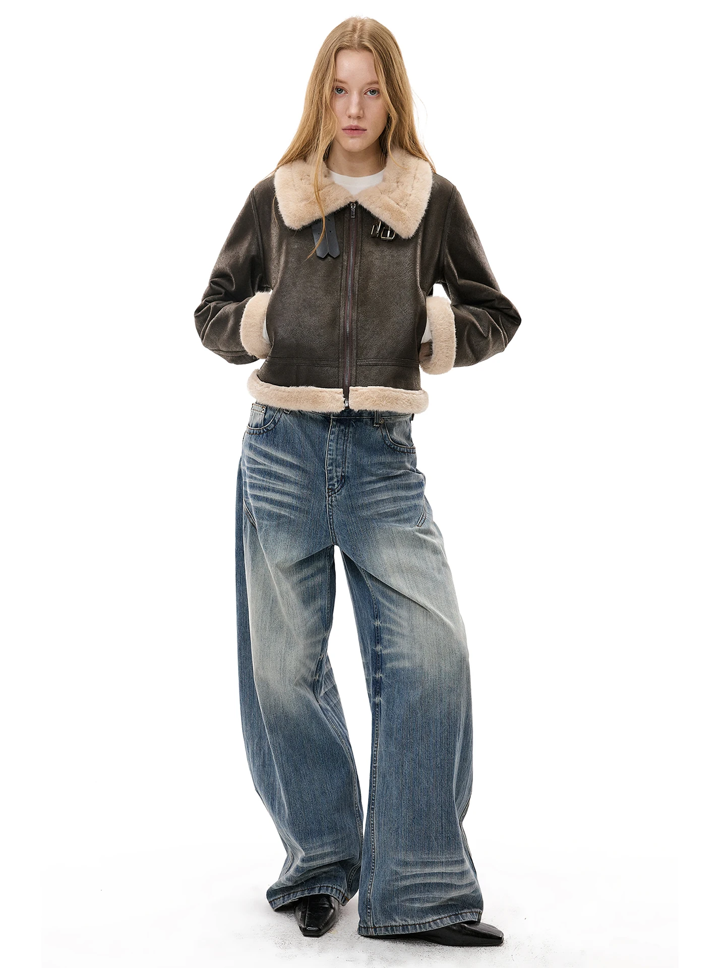 

Женское зимнее пальто Monroo в американском ретро-стиле из искусственной кожи с меховым воротником, длинное, на молнии, из полиэфирного волокна