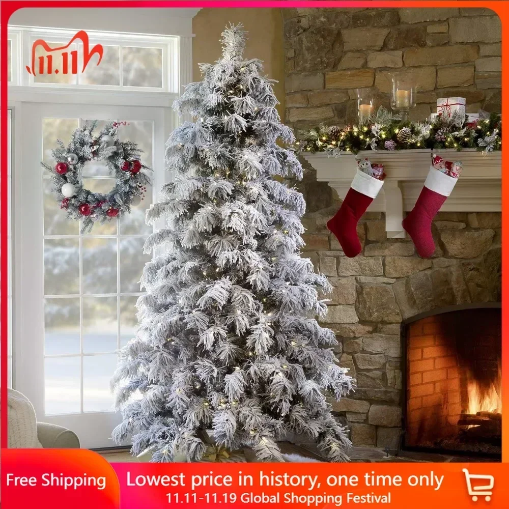 7.5 Foot Christmas Tree,Flocked Realistic Artificial Snowy Spruce with600 Warm White LED Lights, Hinged Branches Christmas Trees