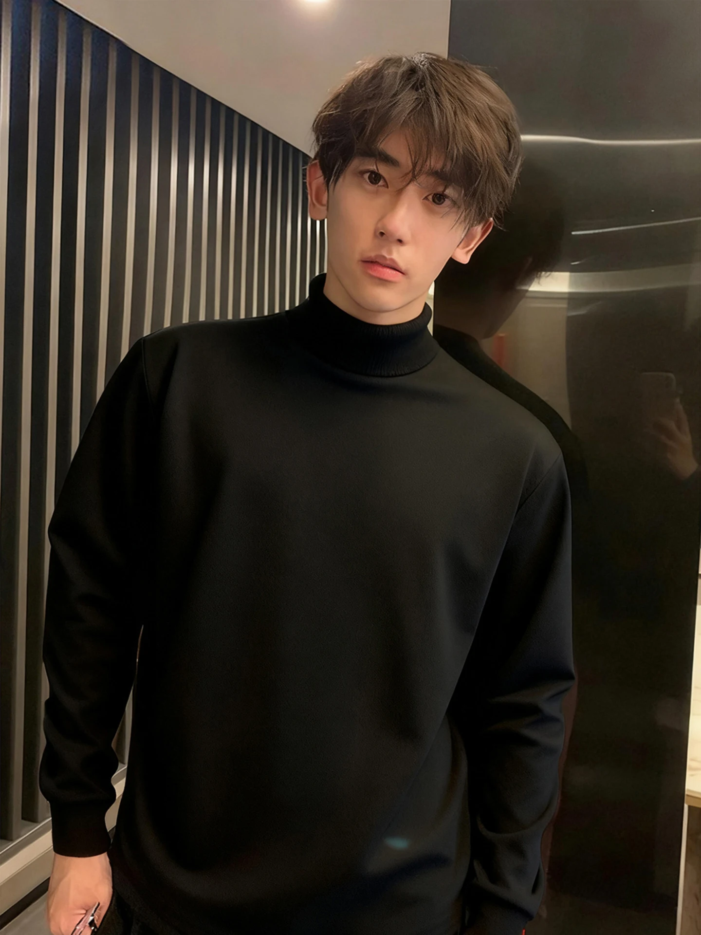 

Bla Fce Lined f High Collar Long Sve Men's Base irt Cleanfit Inner Wear T-irt Casual Sle Winter Thermal Top