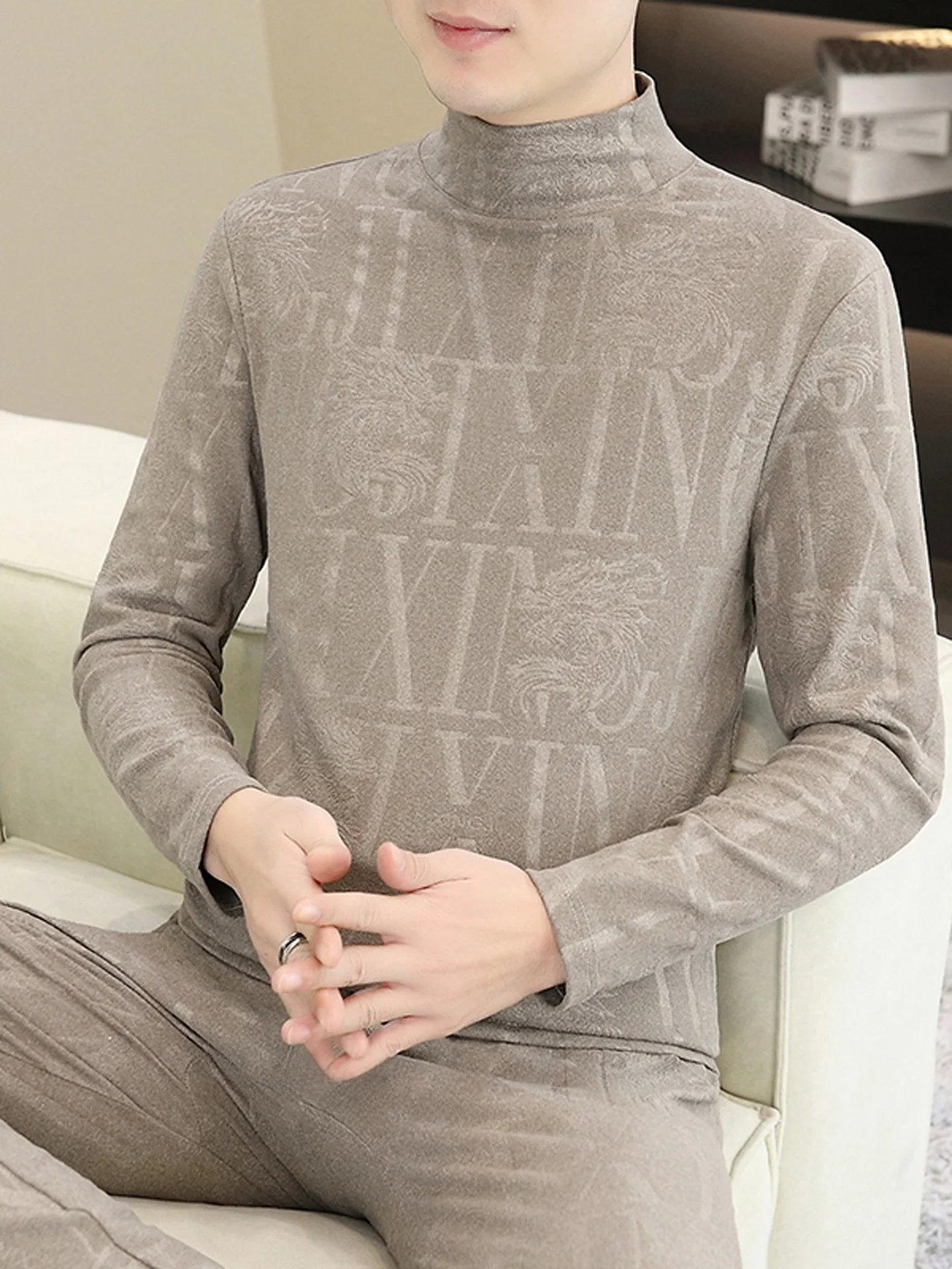 

Теплый двусторонний термокомплект для мужчин: термобелье с высоким воротником и вышивкой, осенние и зимние штаны