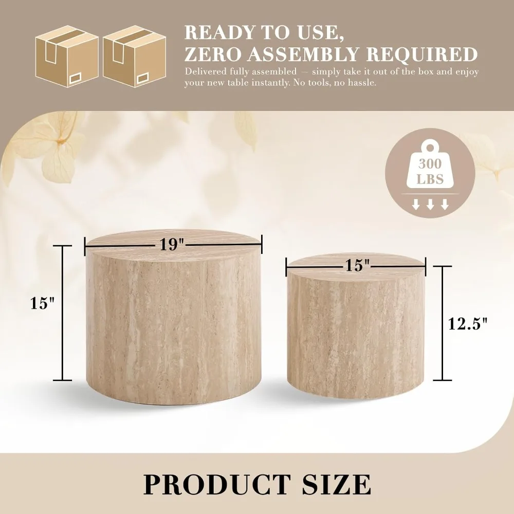 Round Wood Nesting Coffee Table Set of 2, Modern Travertine End Side Tables for Living Room