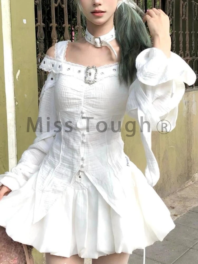 New Fashion Sweet Gothic White 2 Piece Sets Women Autumn Winter Off The Shoulder Tops + High Waist Skirt Korean Y2k Style Suits