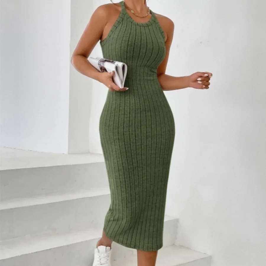 

【New style】Women's round collar solid color vest sleeveless hanging neck dress knitted pit strip macaron color