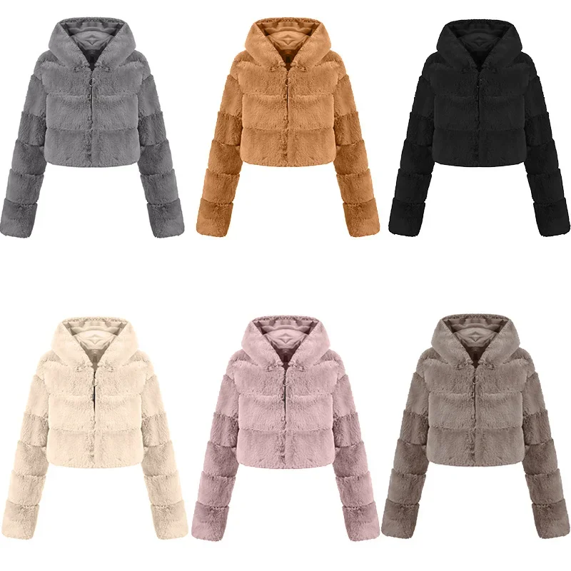 Imitation Fur Coat, European and American Fashionable Fur Short Style Hooded Winter Fur Warm Commuting Jacket