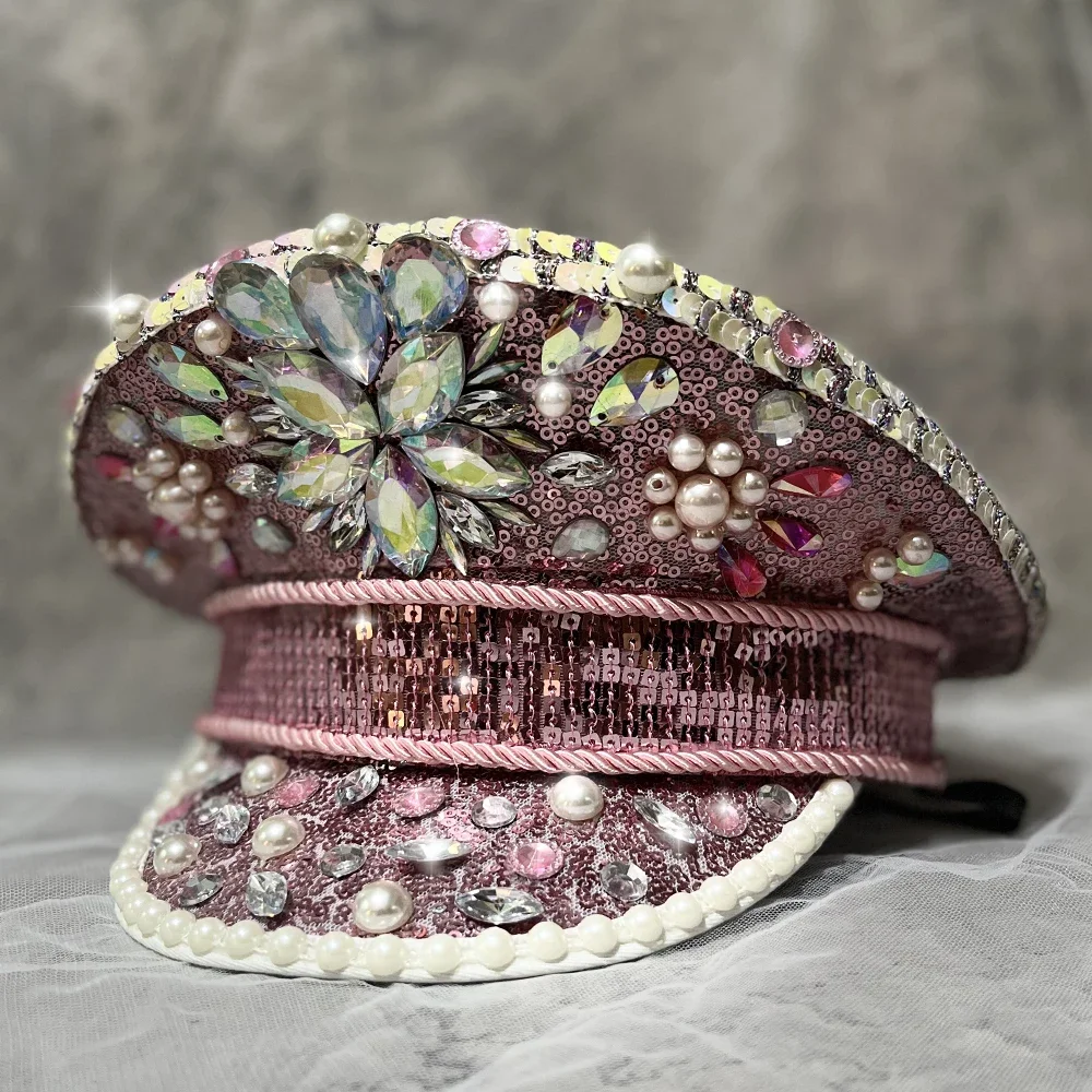 Women Pink Military Hat Sergeant Captain Hat Luxury Rhinestone Festival Birthday Part Hen Do Hat Wedding Bride Hat Can Customize