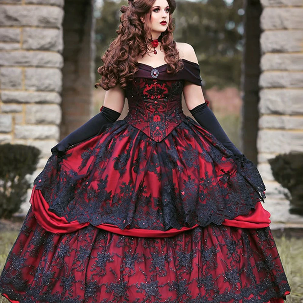 Gothic Medieval Schwarz Spitze Liner Burgund Abendkleid Sexy Off Schulter Frauen Formale Kleider A-line robe de soirée de mariage