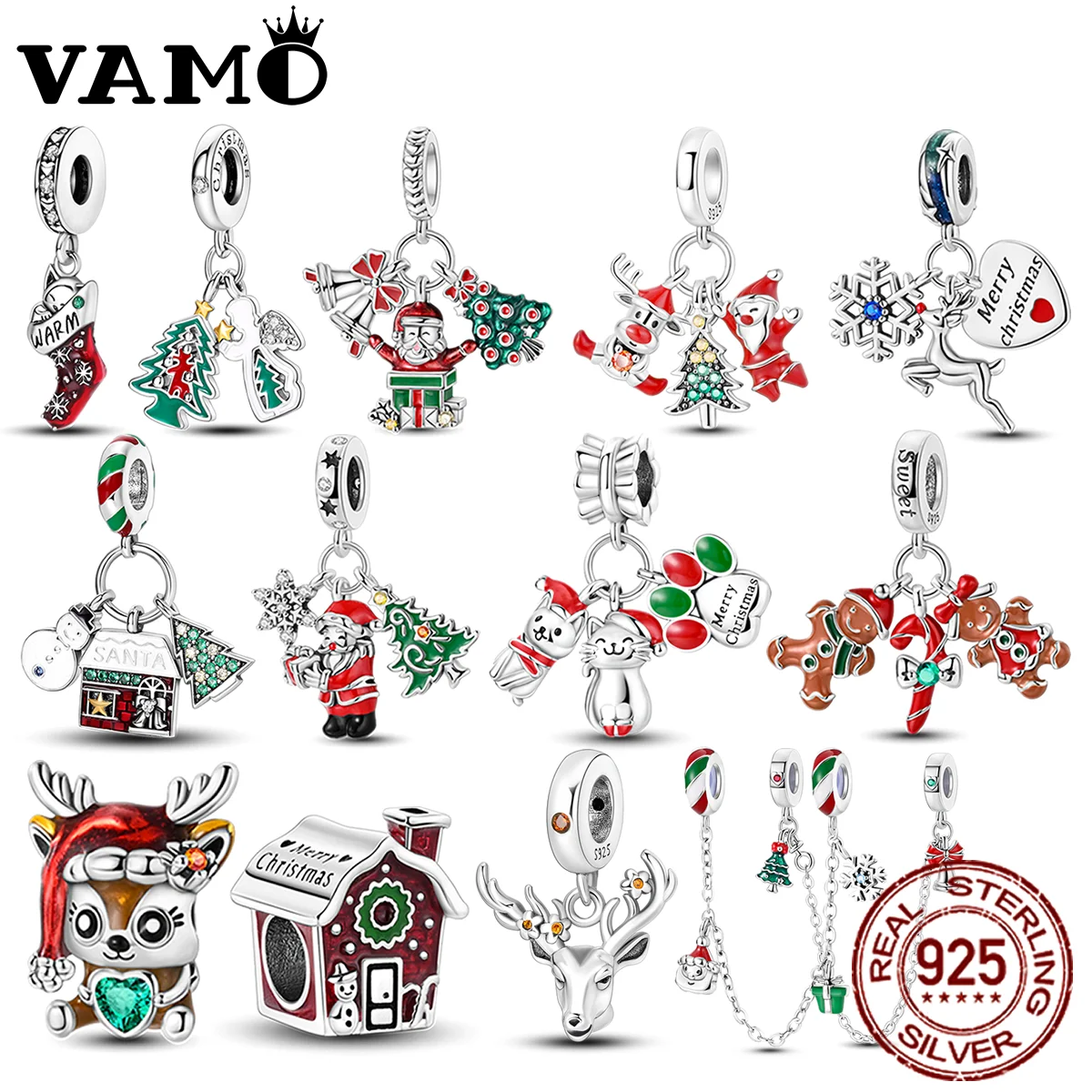 VAMO 925 Sterling Silver-plated 2024 Merry Christmas Charms Bead Santa Claus Pendants Fit Original Bracelet DIY Jewelry Gift