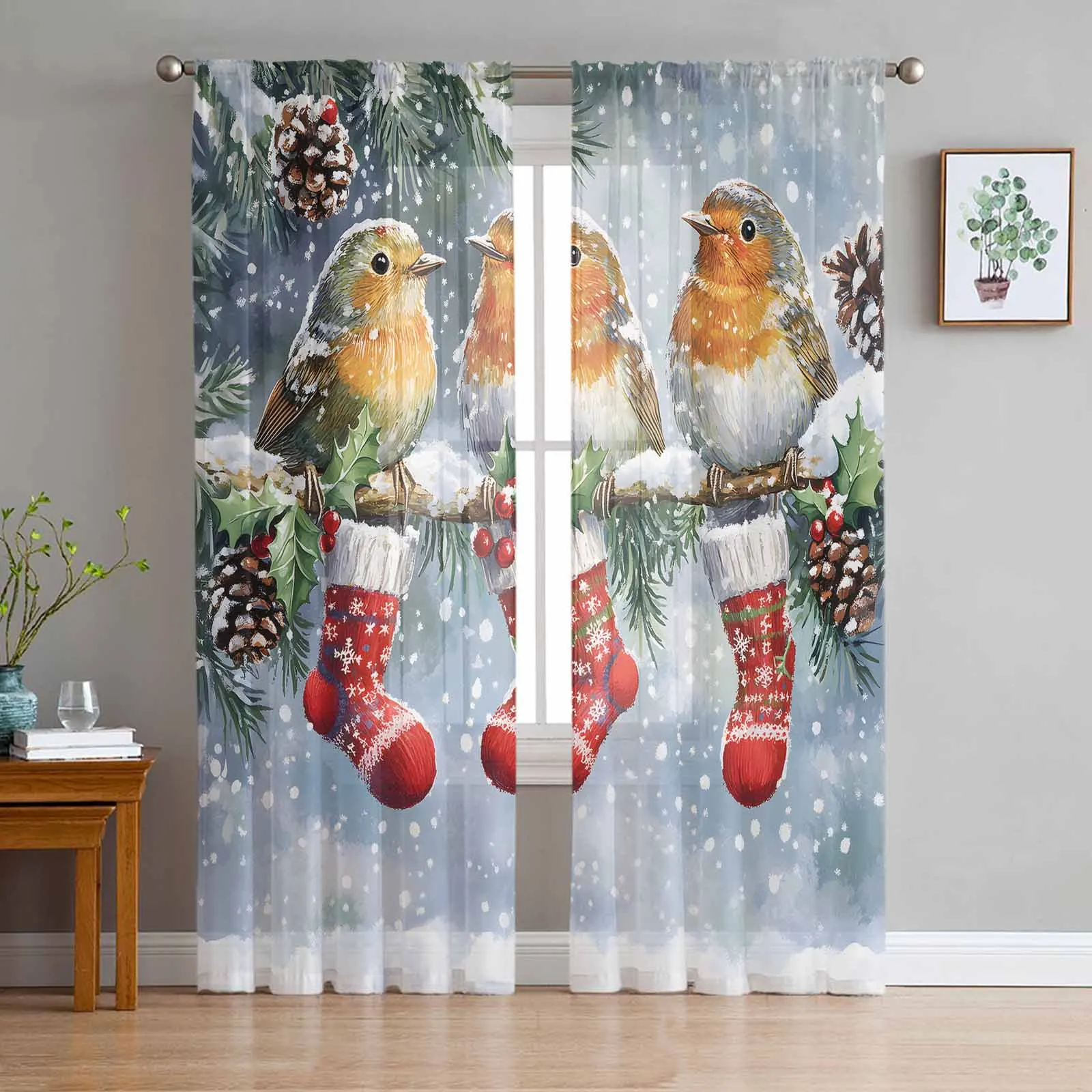 Christmas Winter Bird Christmas Socks Bedroom Transparent Sheer Curtains Holiday Decoration Window Voile Tulle Curtain