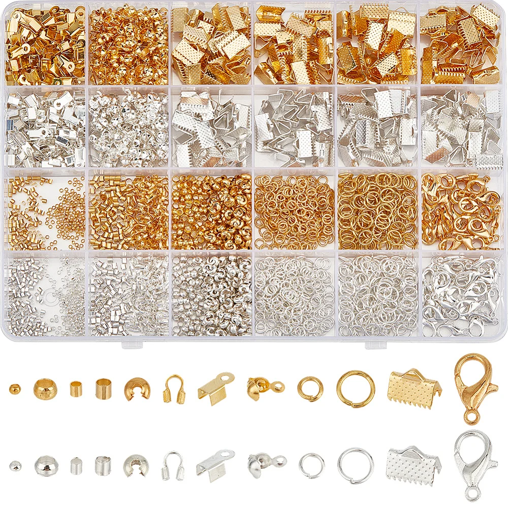 1 Box 2560PCS Crimping Beads Kit Silver Golden Iron Open Jump Rings Crimp Bead Tips Knot Covers Brass End Bulk for Bracelets