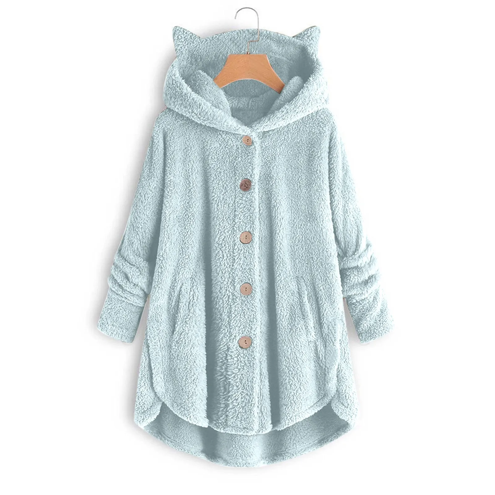 Cappotto invernale da donna con bottoni con cappuccio orecchio di gatto peluche Top irregolare giacca di colore solido di marca alla moda per le donne cappotti di piume Parka