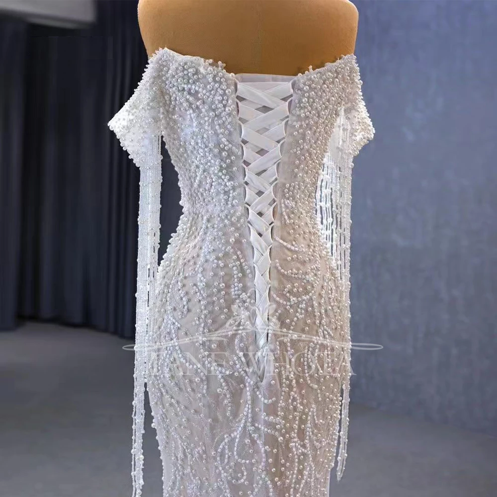 Sukienka Na Wesele Sweetheart Off Shoulder Lace Up Back Beading Tassel Bridal Dress Mermaid Train Customized Wedding Dress