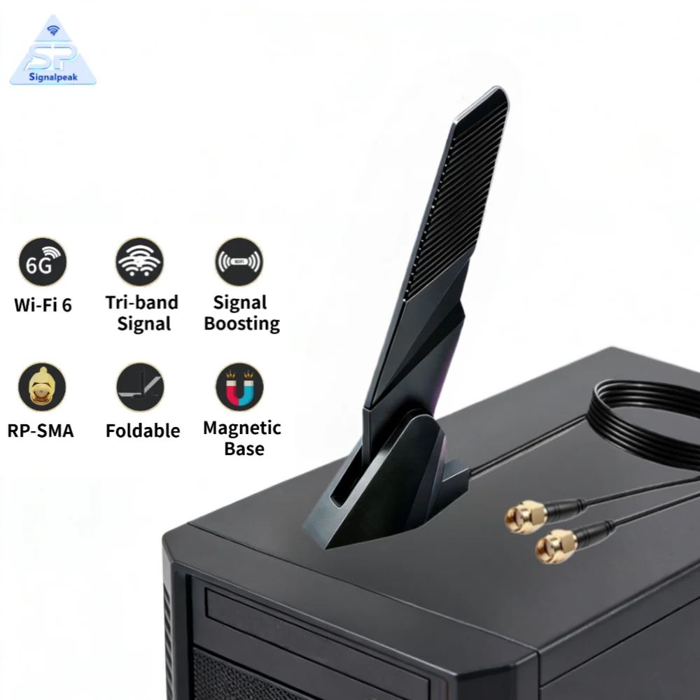 External 2.4G/5G/6GHz Wi-Fi 6 Tri-Band Magnetic Base Foldable Antenna RP-SMA Signal Boost for PCIE Adapter Wireless Router