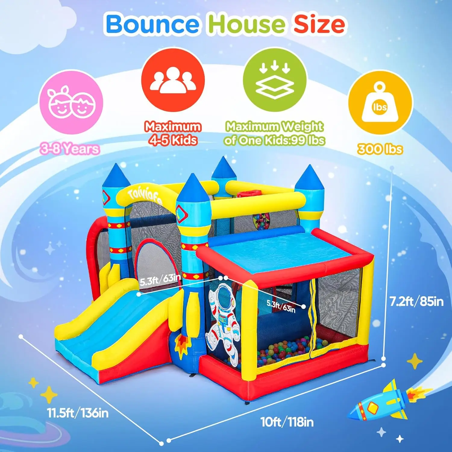 Space Adventure Bounce House, 7-in-1 raket astronaut thema opblaasbaar kasteel met glijbaan, luchtblazer, ballenbak, binnen buiten B