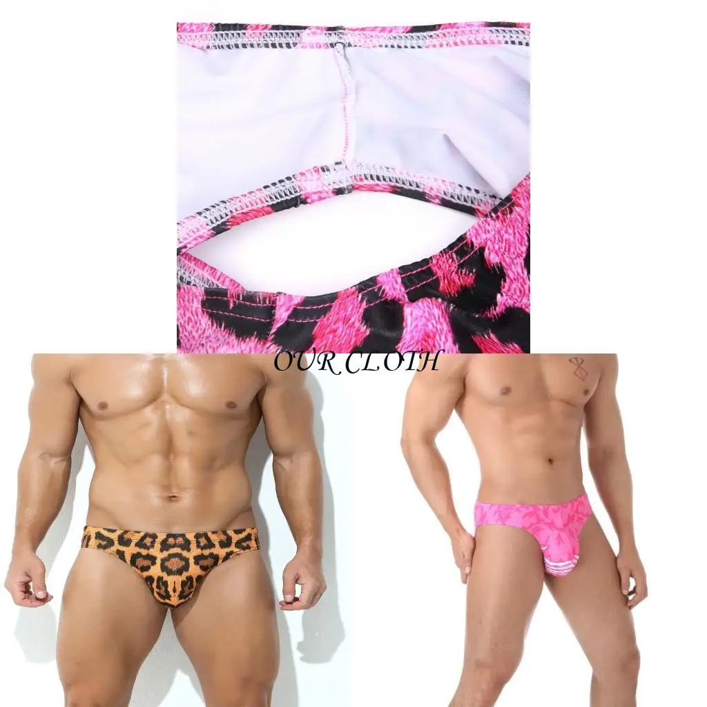 Men Swim Briefs High Elasticity Low Rise Swim Briefs Leopards Print Triangular Beach Shorts Drawstring Briefs Underwear Y1AC