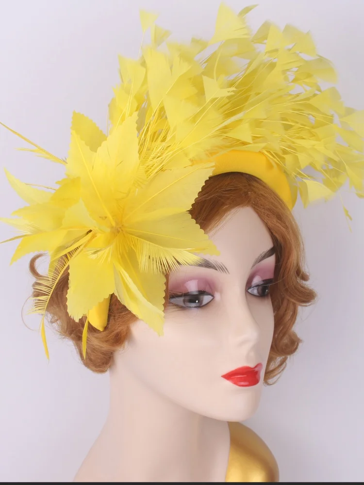 

Лимонно-желтый свадебный элегантный шляпа-волшебник с перьями, женские аксессуары для волос, повязка на голову для невесты, женские дерби, шикарные вечерние чайные головные уборы