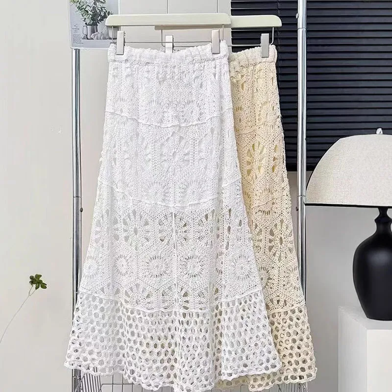Boring Honey National Style Hollow Out Crocheted Knit Skirt Bohemian Holiday Style Drape Big Swing A-Line Skirt Beach Dress Wome