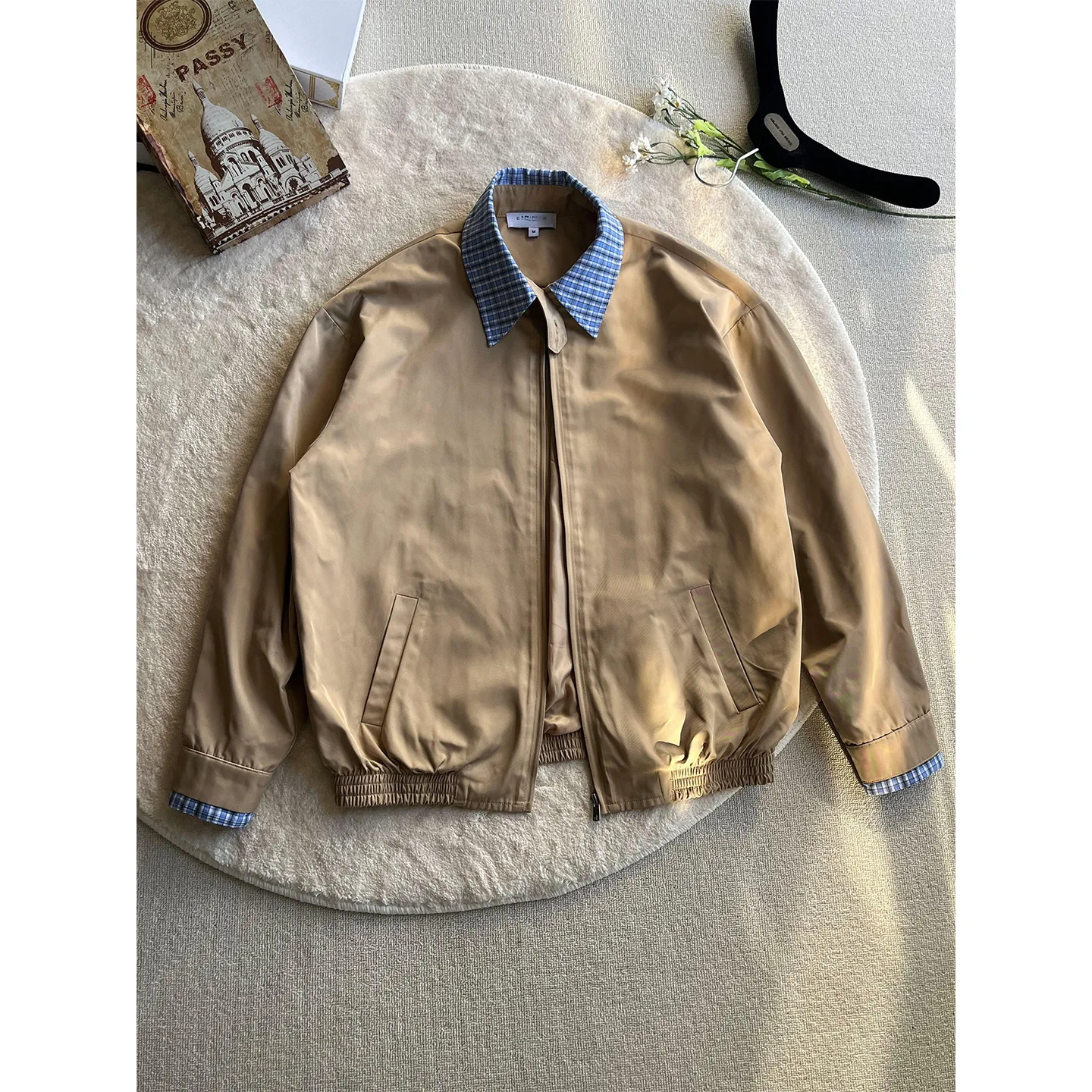 

American Vintage New Fashion Men's Plaid Spliced Casual Trendy Turn-down Collar Zipper Jackets Male Simple Basic Coats Clothes