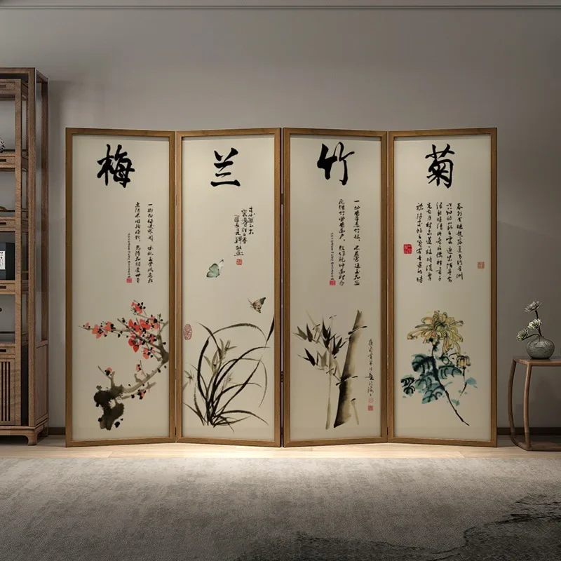 New Chinese style Meilan bamboo chrysanthemum screen partition living room tea room mobile folding entrance
