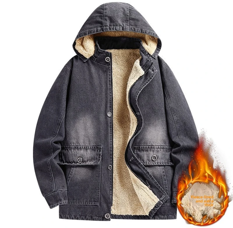 

Autumn and Winter New Men's Denim Jacket, Thickened and Fleece-lined for Warmth, Hooded Coat