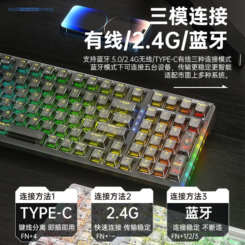 AULA F98 Customized Wireless 3-mode Mechanical Keyboard 99keys Transparent Black White Pink Gasket Esports Game Rgb Hot Swap Key