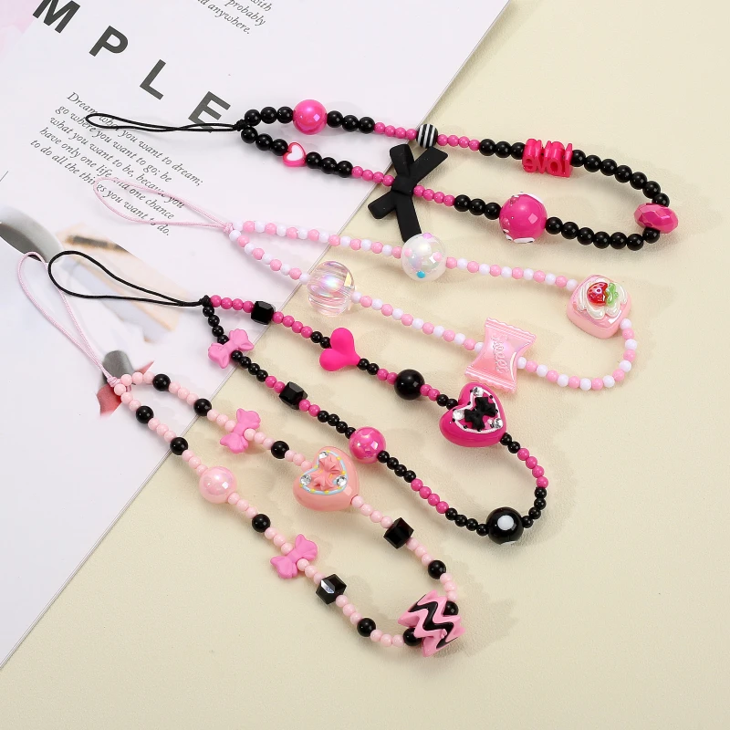 

Sweet Cute Heart Butterfly Mobile Phone Chain Acrylic Rice Bead Telephone Lanyard For Women Girl Fashion Cellphone Chain Jewelry