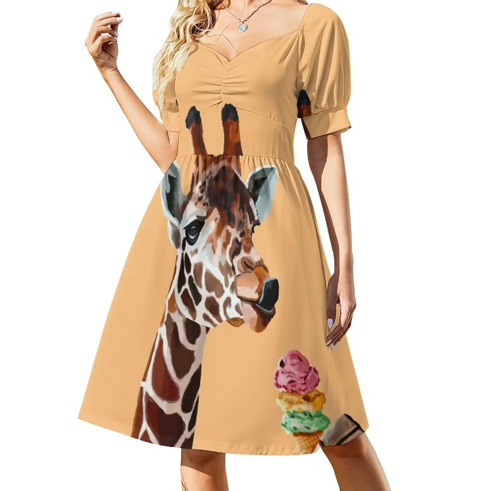 

Giraffe with a cute tong and ice cream Short-Sleeved Dress elegant women's sets luxury woman party dress