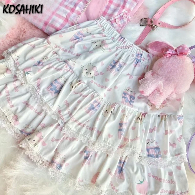 

Японские милые кавайные мини-юбки с сказочным тортом, милые бальные юбки с мультяшным принтом для девочек, юбка Y2k, эстетическое кружево, женское Faldas, лето