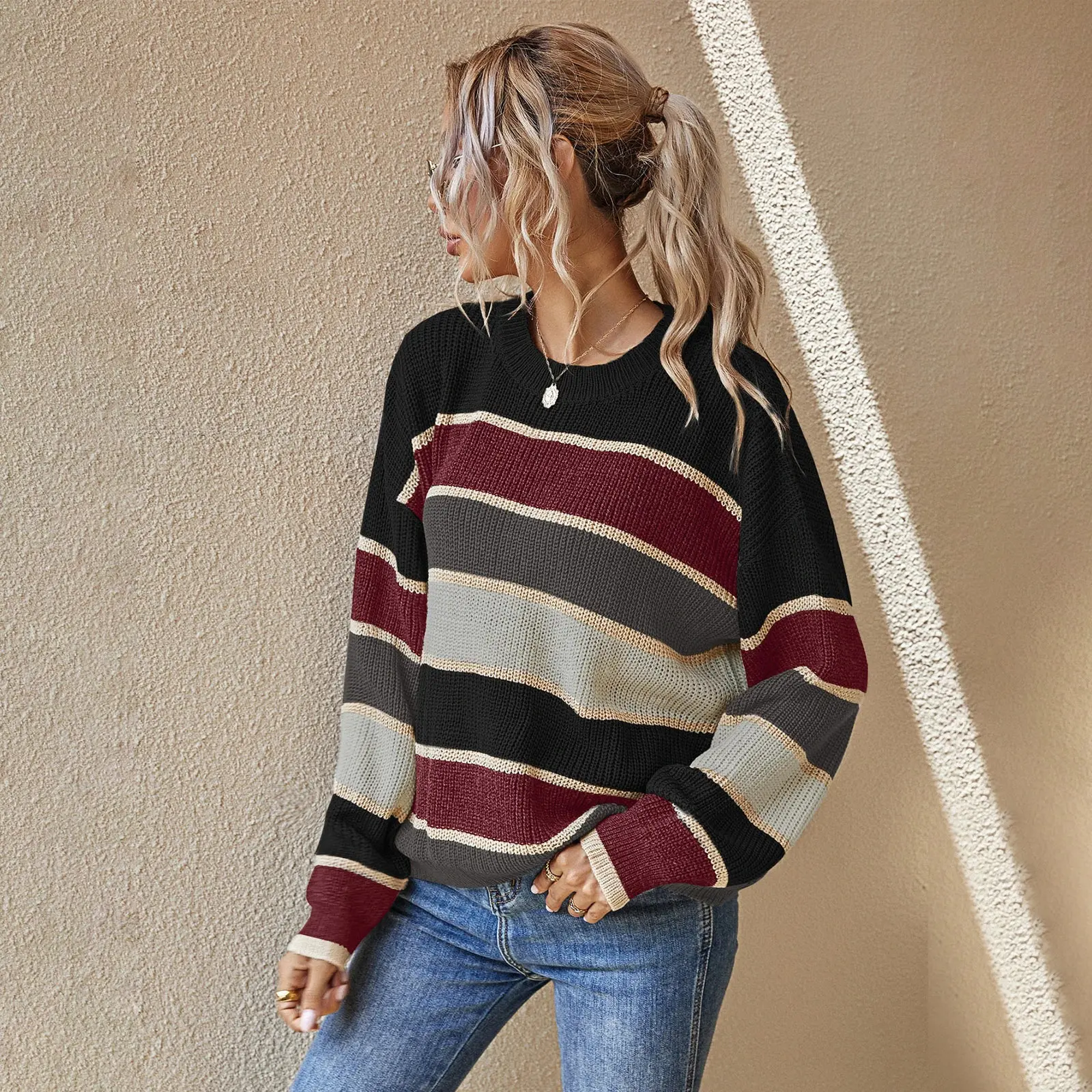 Damski sweter z okrągłym dekoltem, luźny, klasyczny, w paski, z długim rękawem, topy damskie, sweter damski.