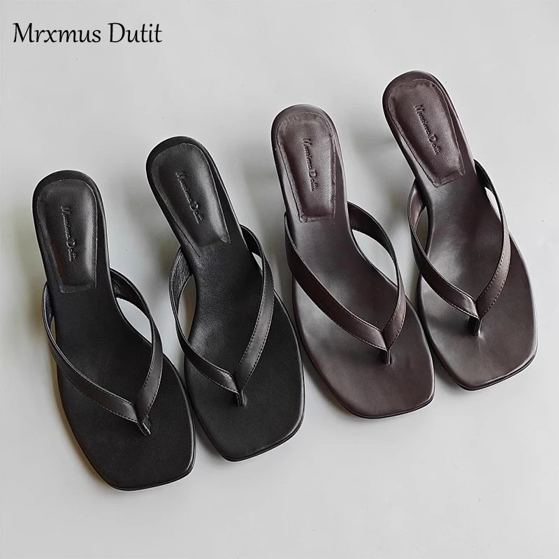 Mrxmus Dutit 2024 New Summer Fashion Genuine Leather Square Head Flip Flops Women Simple Casual Mid Heel Shoes Female Chic