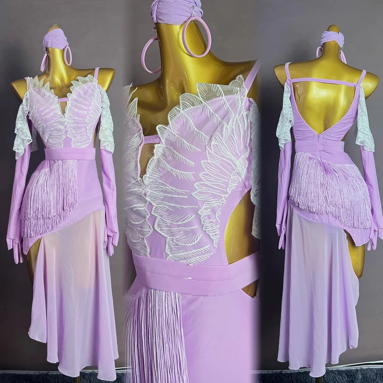 Latein-Tanzkleid, hochwertiges, individuelles Spleißnetz, Feder-Quasten-Hosenträger, Tango, professionelle Bühnenkleidung für Kinder und Erwachsene