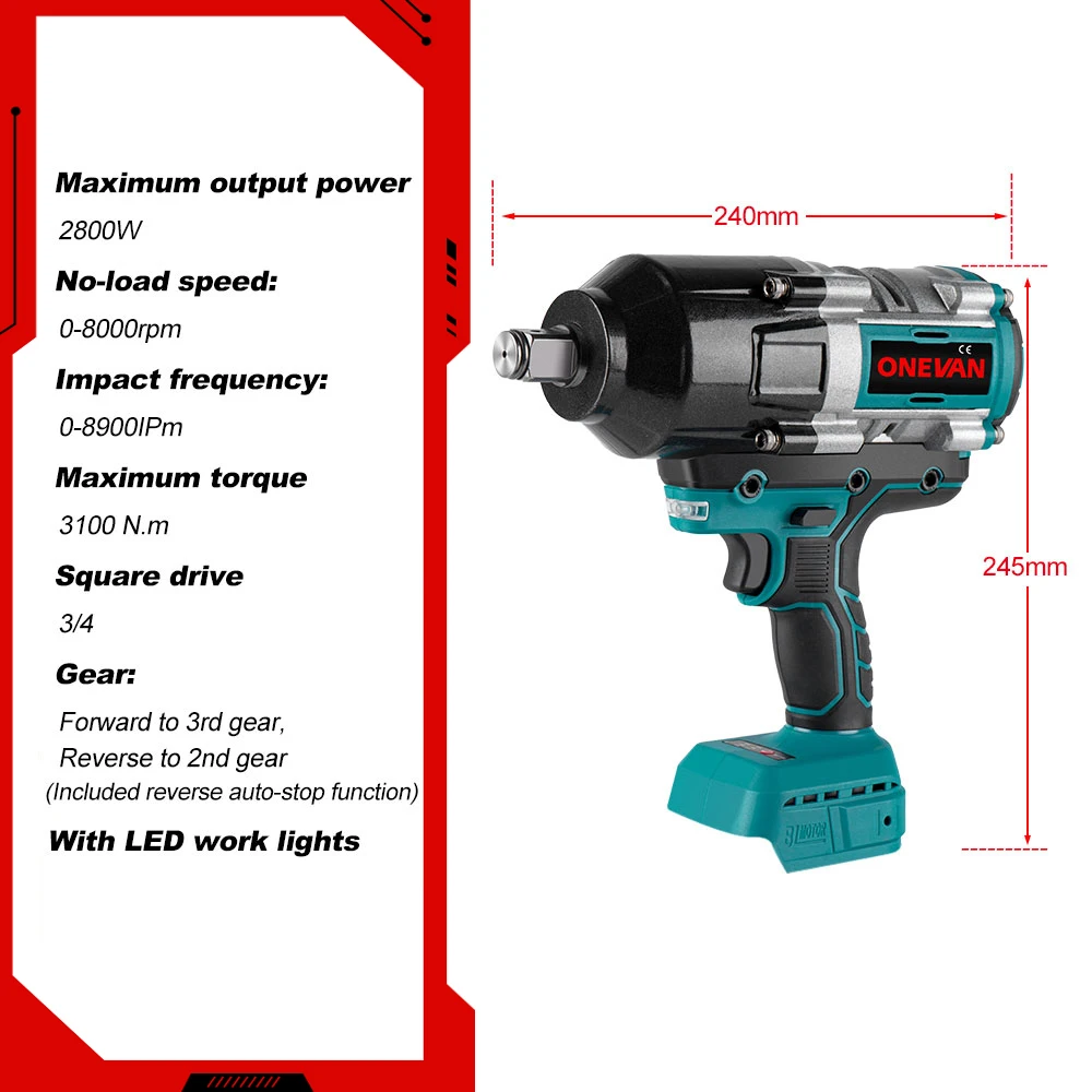 ONEVAN 2800W 3100N.M Brushless Electric Impact Wrench 3/4 