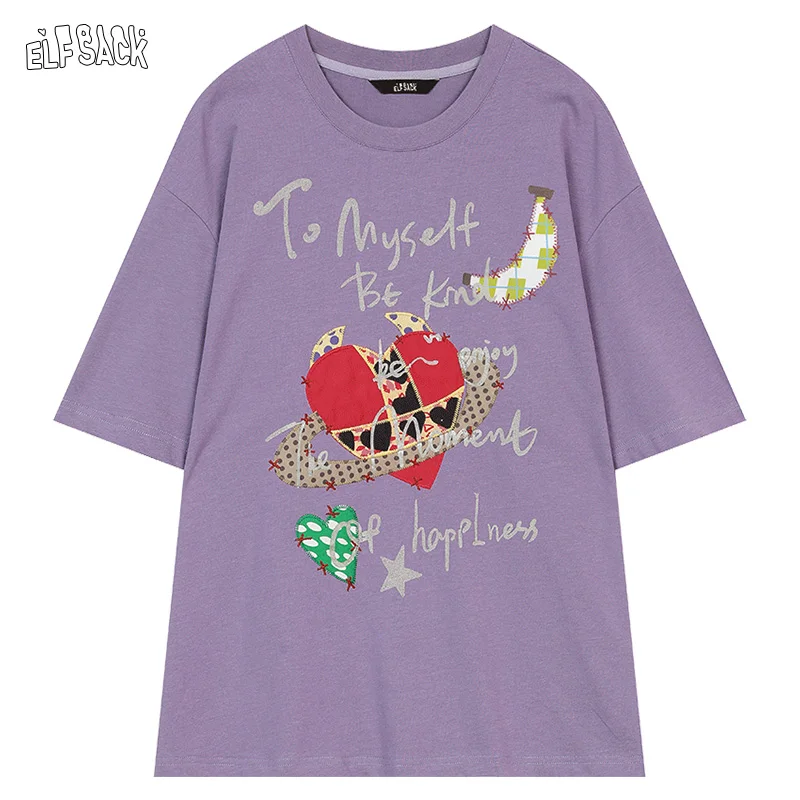 ELFSACK 2025 Summer New Arrivals Devil'S Corner Love Printed Loose Casual Short Sleeved T-Shirt For Women