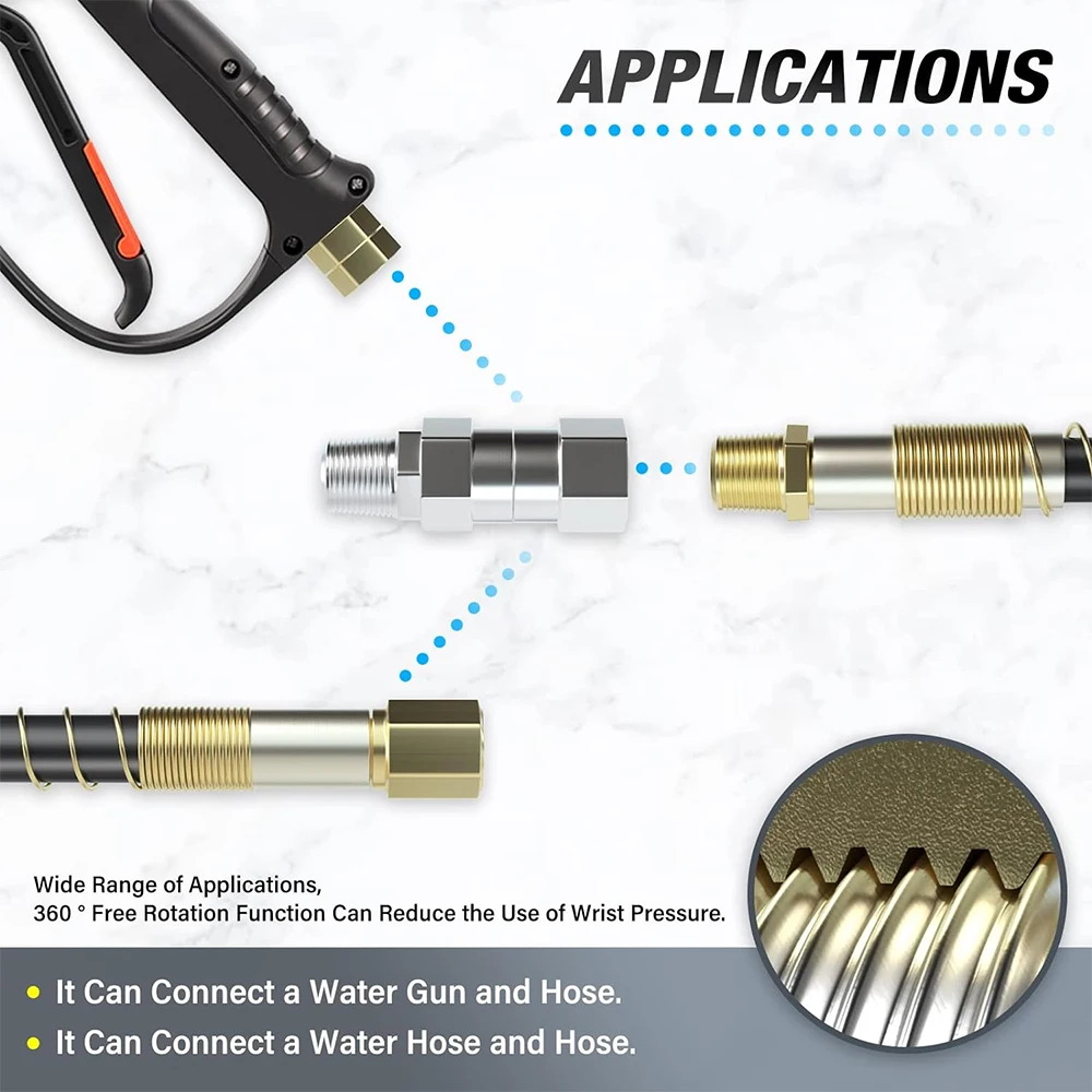 Pressure Washer Swivel 3/8 NPT and M22 14mm Male Thread Fitting Stainless Steel 360° Kink Free Gun to Hose Fitting 4500 PSI