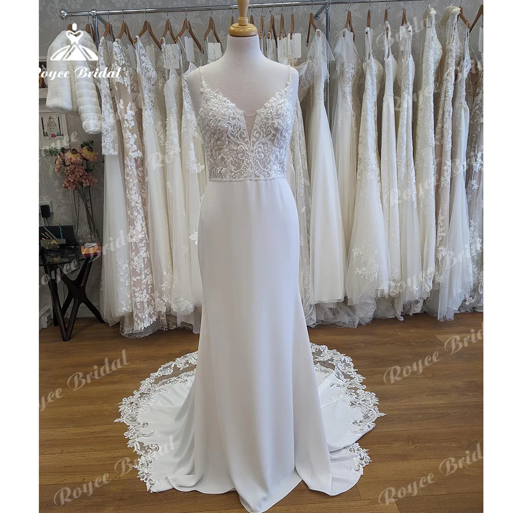 Roycebridal-Boho Mermaid Vestidos de casamento femininos, vestidos de noiva Crepe Boho, cintas de renda, praia, verão, Brautkleider, 2024