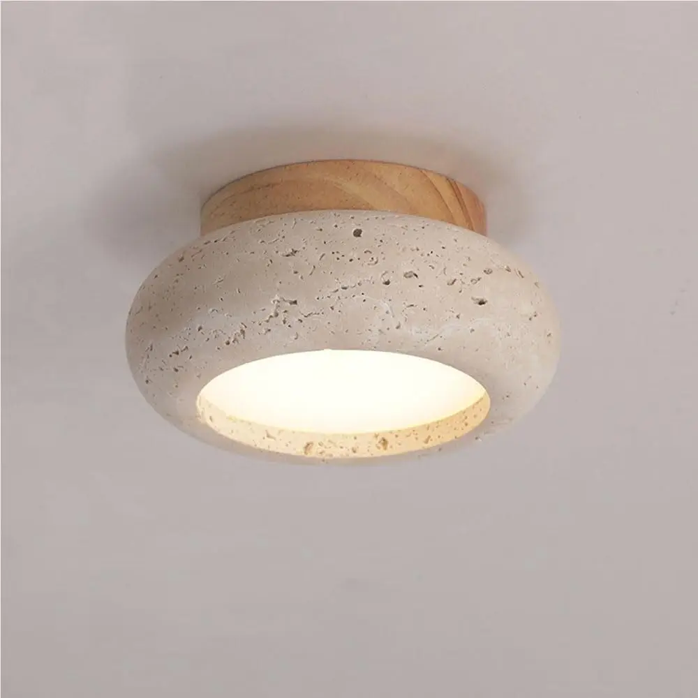 Luz de techo de piedra natural japonesa con base de madera, lámpara de techo LED redonda, luz cálida adecuada para dormitorio, comedor, cocina