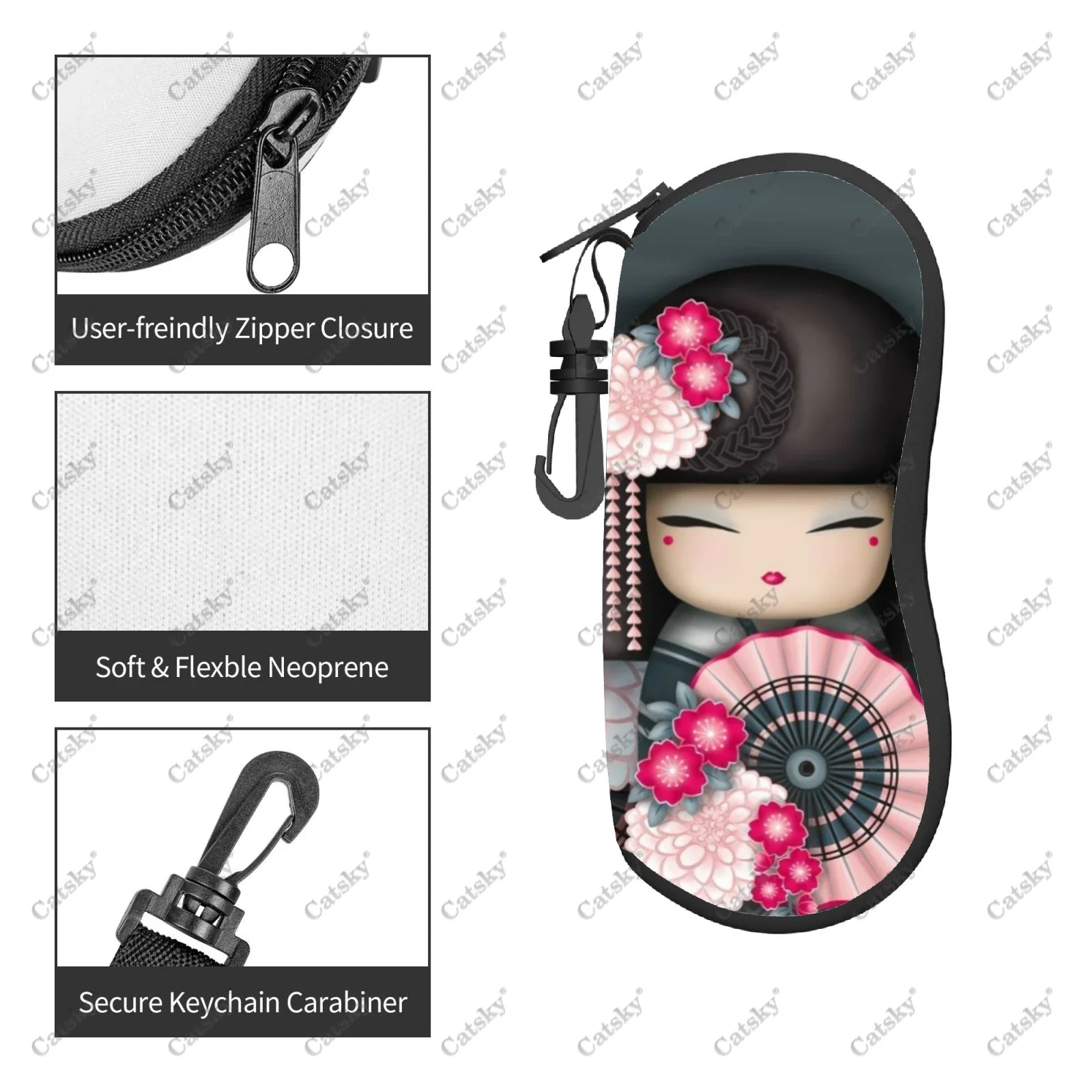 Japanese Red Sakura Kokeshi Doll Glasses Case Printed Travel Zipper Sunglasses Bag Pattern Classic Storage Glasses Bag