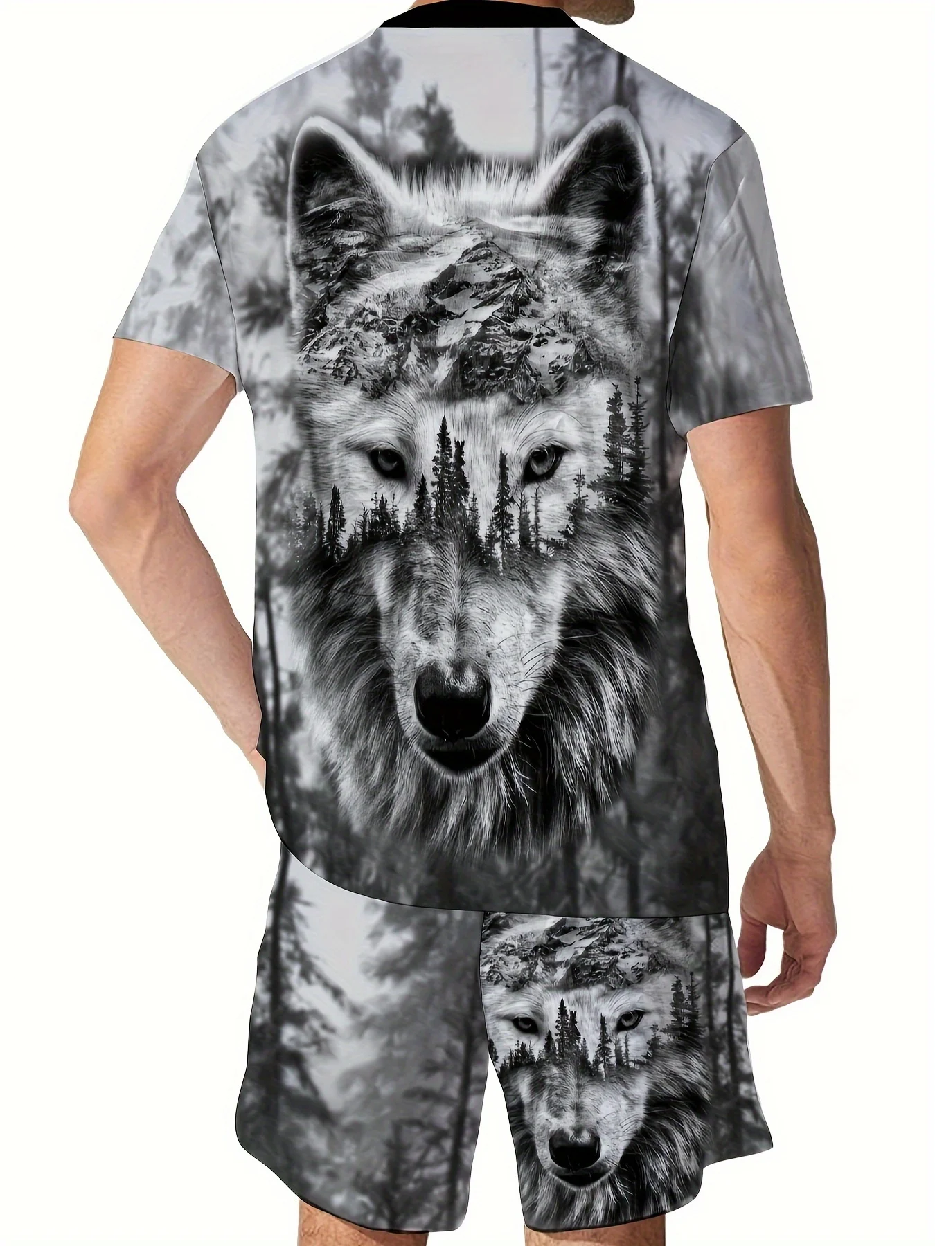 Men's Outfit, Wolf Pattern Casual Crew Neck Short Sleeve T-Shirt & Shorts 2-piece Set For Summer Outdoor Activities suits