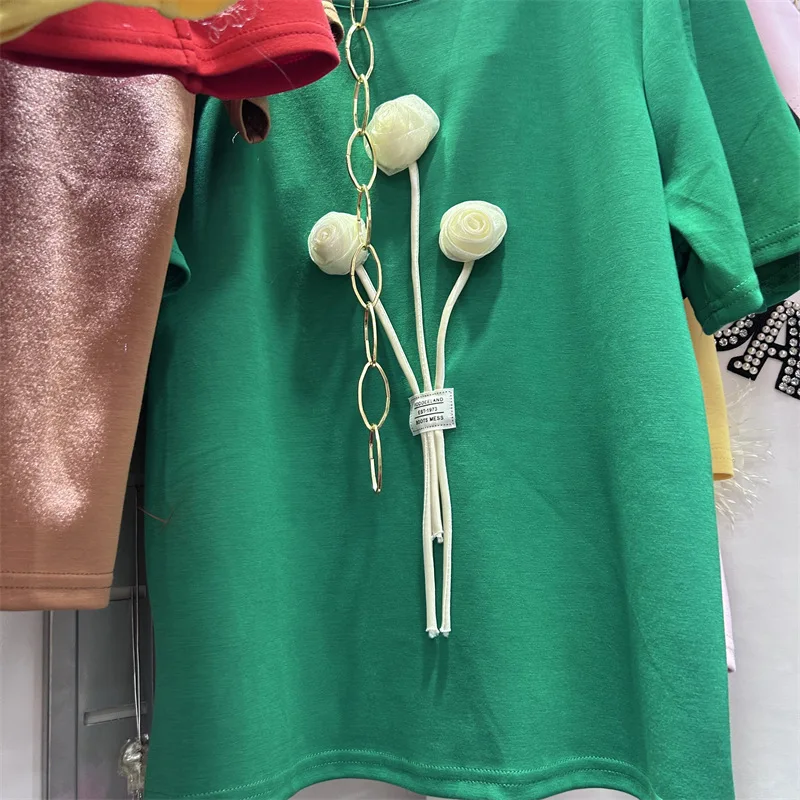 All-match New Spring Summer Spice Girls Short Sleeve T-shirt Solid Color Three-dimensional Flowers Round Neck Casual Cotton Tops
