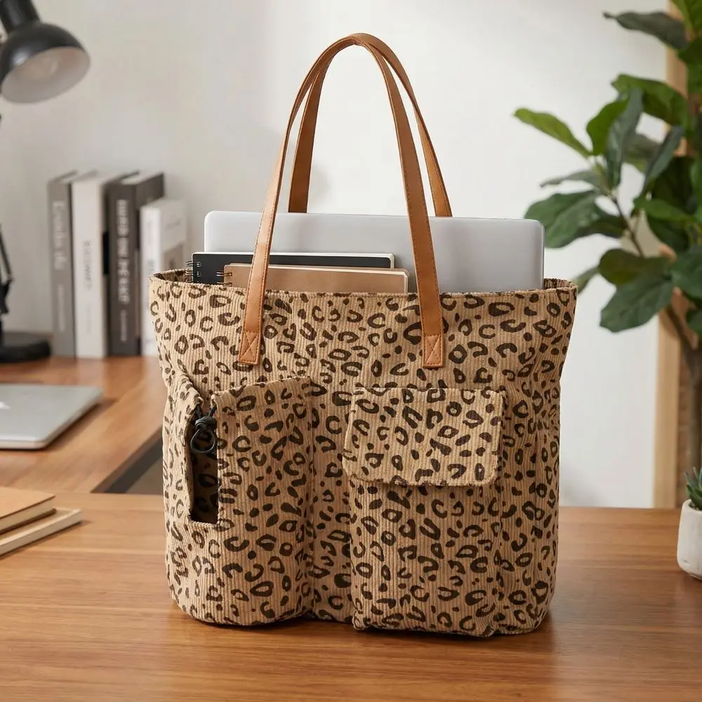 Large Capacity Corduroy Tote Bag Cherry/Leopard Pattern Adjustable Shoulder Cute Printed Handbag Water Bottle Holder