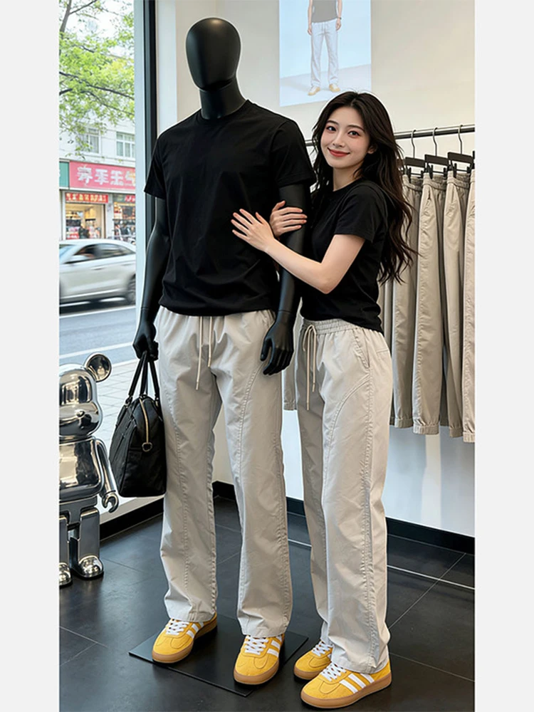 Khaki Quick Dry Slim Fit Summer Thin Ice Silk Sport Casual Long Pants Men's Straight Leg Jeans Low Waist Decorative Stitching