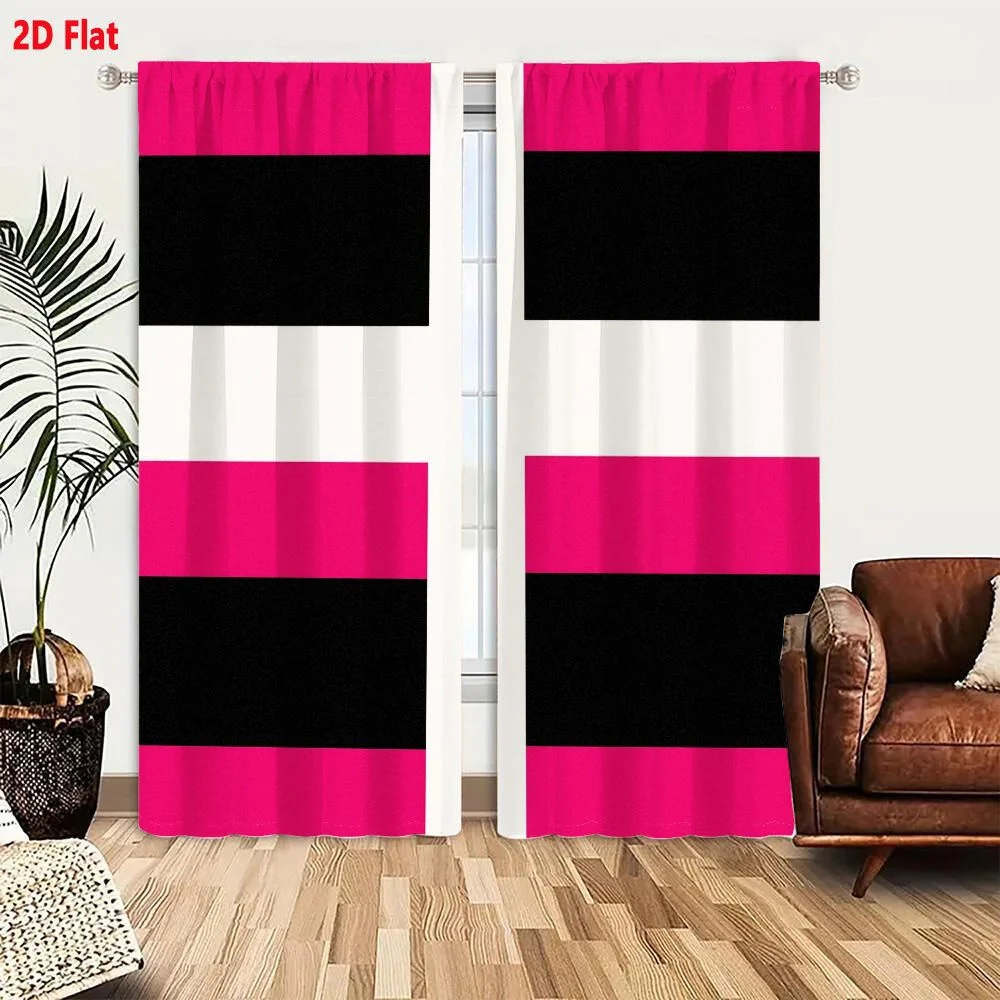 2Pcs Curtains 2D Flat Symmetrical Design With White Cross Dividing Four Quadrants Alternating Horizontal Bright Pink And Black S