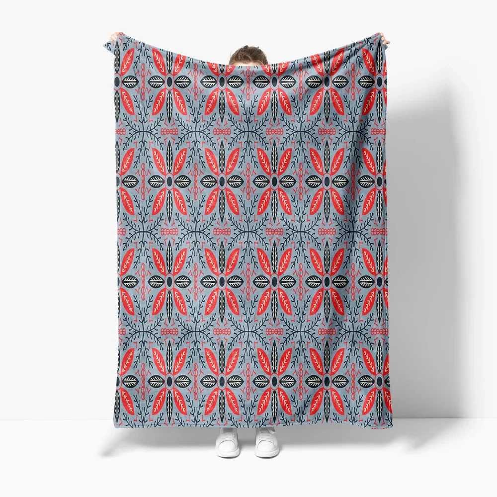 Decorative Pattern Blanket with Red and Grey Leaves Geometric Design Throw Blanket for Sofa Bed Couch Cushion Cover
