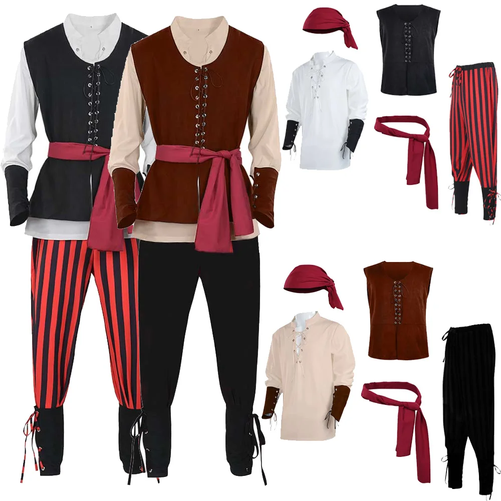 Medival Pirate Cosplay Scarf Vest Shirt Pants Belt Male Men Retro Costume Outfit Halloween Carnival Party Fantasy Roleplay Suit