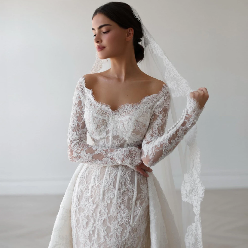

Customized Soft White Lace Wedding Dress Formal Sweetheart Long Sleeves Bridal Gowns Boho Mermaid Court Train Vestido De Novia