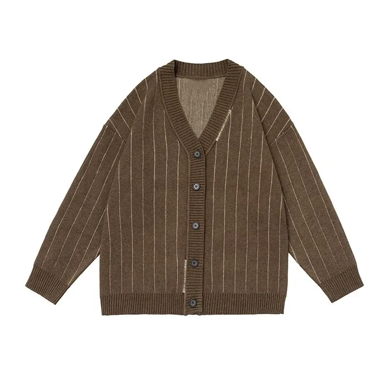 Kardigan Rajut Bergaris V-Neck Cokelat Terbaru Musim Gugur Dingin 2025 Unisex Gaya Akademik Longgar Serbaguna